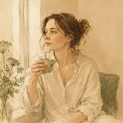 Portret kobiety przy oknie z kawą