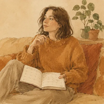 Portret kobiety w swetrze z dziennikiem