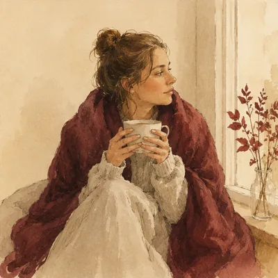Portret kobiety w kocu z herbatą
